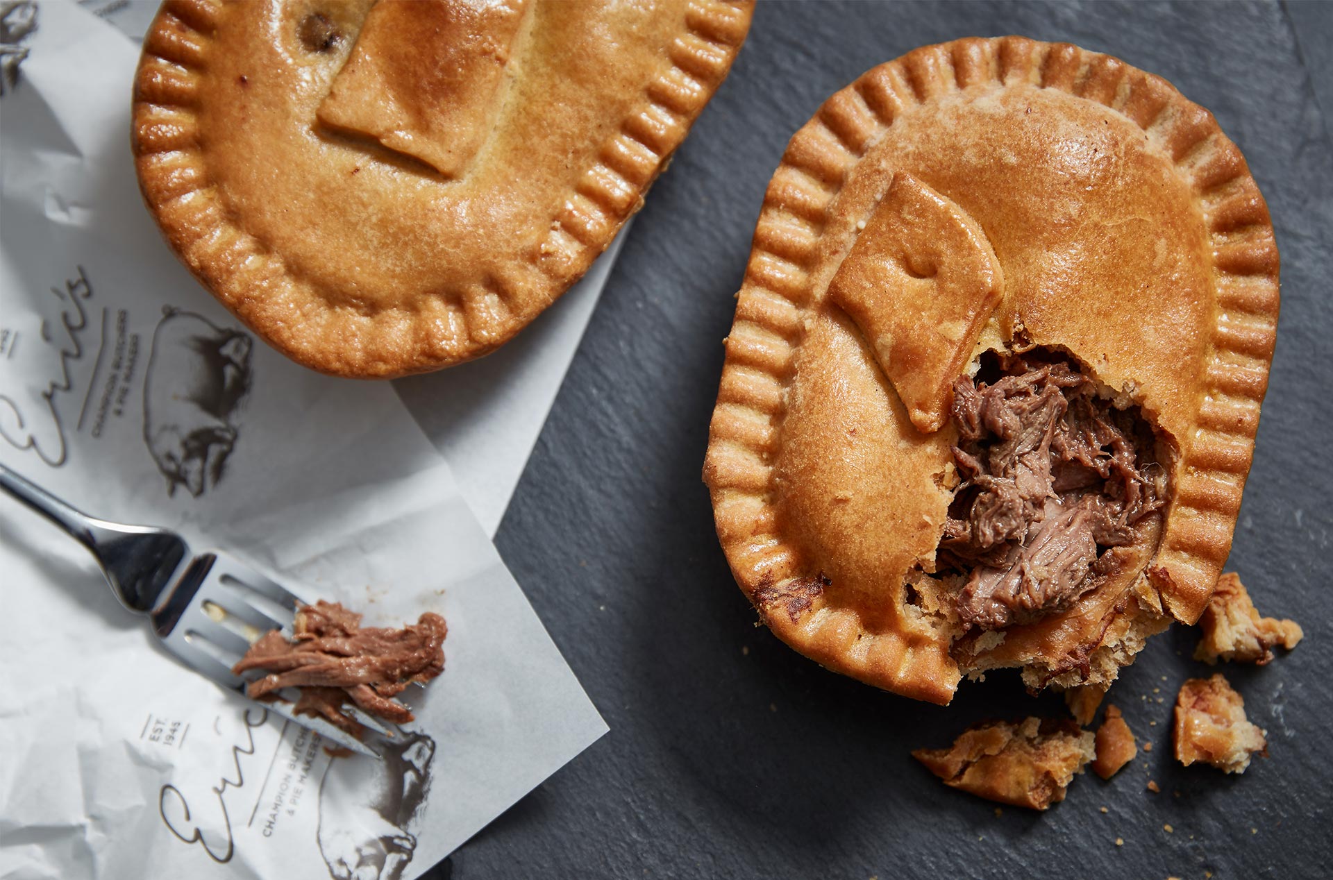 Pies on branded wrapping